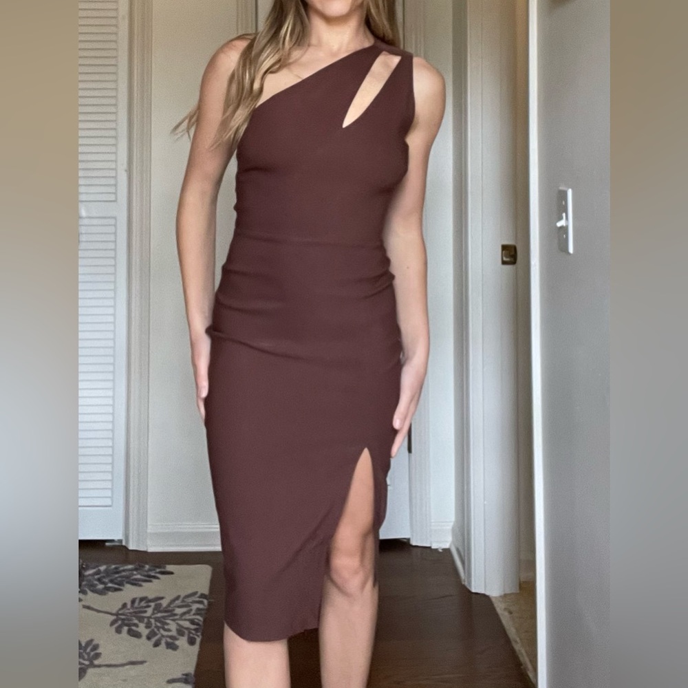 One shoulder brown Vesper boutique dress